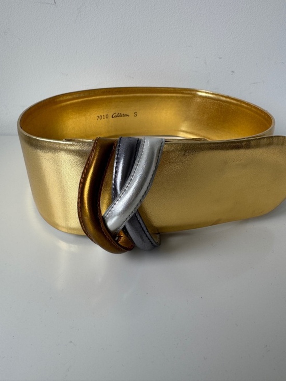 Vtg Calderon Leather Metallic Gold  Waist Belt with Silver and Bronze Accent